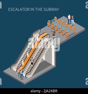 U-Bahn U-Bahn-Zugang mit Drehkreuze Fahrtgate Passagiere steigt Treppen und Rolltreppe isometrische Vektor-Illustration Stock Vektor