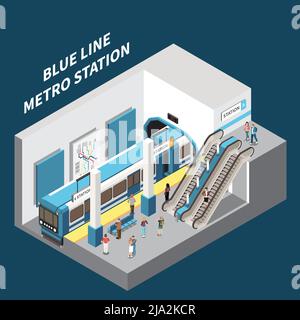 Blaue Linie U-Bahn-Station isometrische Innenansicht der Bahnsteigsfahrtreppe, die Passagiere zum Ausgang bringt Vektordarstellung Stock Vektor