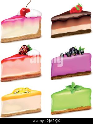 Käsekuchen 6 beliebte Geschmacksrichtungen Stücke realistische Set mit Zitrone Erdbeere Minze Schokolade natürliche Extrakte isoliert Vektor-Illustration Stock Vektor