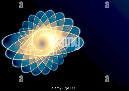 Symbol für Atomenergie. Elektronen bewegen sich auf Umlaufbahnen Atomenergiekonzept. Kernreaktionsmodell Stockfoto