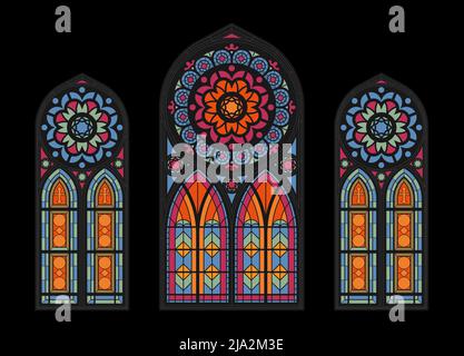 Buntglas buntes Mosaik Kathedralenfenster auf dunklem Hintergrund gotische Kirche schöne Innenansicht clouseup Vektor-Illustration Stock Vektor