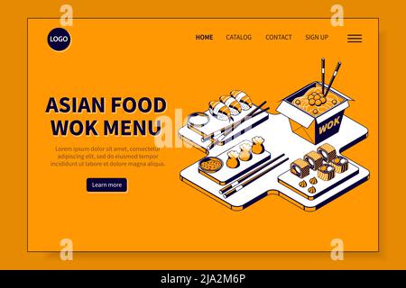 Asiatische Lebensmittel Wok Menü isometrische Landing Page für Website mit Anmeldung Katalog Kontakt Überschrift Vektor Illustration Stock Vektor