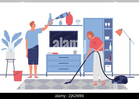 Der Typ und das Mädchen putzen die Wohnung zusammen flache Vektor-Illustration Stock Vektor