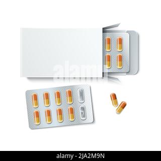 Pillen Tabletten Kapseln Blister realistische Zusammensetzung volle Packung Blister getrennt und ein paar Pillen nebeneinander Vektor-Illustration Stock Vektor