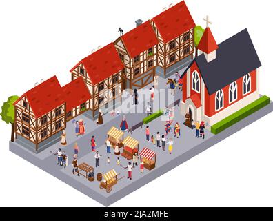 Mittelalterliche Stadtarchitektur isometrisches Konzept mit Marktplatz Kirche und Haus Vektor illustraion Stock Vektor