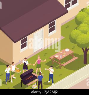 Sommer Vorgarten Rasen Familie Picknick isometrische Ansicht mit Grill Fleisch Grillen Gäste bringen Pizza Vektor Illustration Stock Vektor