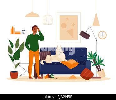 Frustrierter Besitzer und sein ungezogener Hund liegen auf dem Sofa in einem chaotischen Wohnzimmer flache Vektor-Illustration Stock Vektor