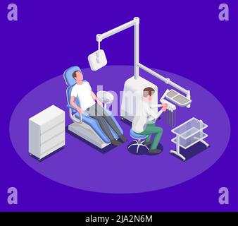 Medizinische Geräte isometrische Zusammensetzung mit zahnärztlichen Operation Stuhl und Mensch Zeichen der Vektordarstellung für Patienten- und Zahnarztchirurgen Stock Vektor