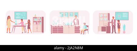 Satz von drei Schulkompositionen mit Ansichten von Klassenzimmer mit Lehrern und Laborgeräten Vektordarstellung Stock Vektor