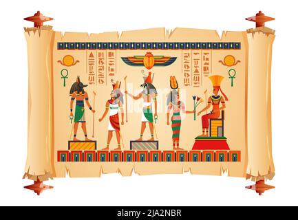 Altes ägypten Religion Kultur Geschichte Papyrus mit Hauptgöttern Bilder Skarabäus Käfer Amulett Museum Ausstellung Vektor Illustration Stock Vektor