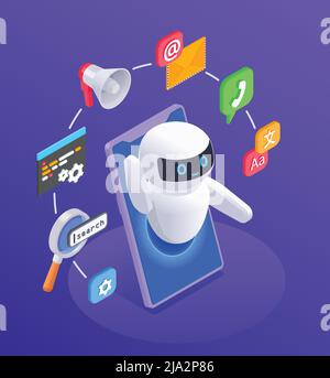 Chatbot Messenger-Konzept mit Optionen und Funktionen Symbole isometrische Vektor-Illustration Stock Vektor