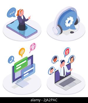 Callcenter-Set mit technischem Support und Reaktionssymbolen, isometrische isolierte Vektordarstellung Stock Vektor