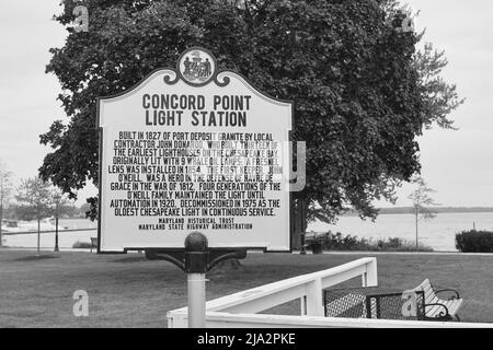 Concord Point Lighthouse ist der zweitälteste Leuchtturm in Maryland und das Symbol von Havre de Grace. Erbaut 1827, stillgelegt 1975. Stockfoto