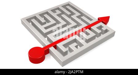 Roter Pfeil durch Labyrinth isoliert, 3D Rendering Stockfoto