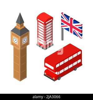 Wahrzeichen von London Set Icon. Roter Doppeldecker und Telefonzelle. Britische Flagge und Big Ben Elizabeth Tower Stock Vektor