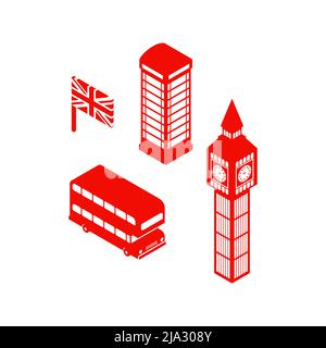 Wahrzeichen von London Set Icon. Roter Doppeldecker und Telefonzelle. Britische Flagge und Big Ben Elizabeth Tower Stock Vektor