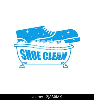 „Shoe Clean“-Logo. Schild für den Schuhabwasch. Schuh im Bad Stock Vektor