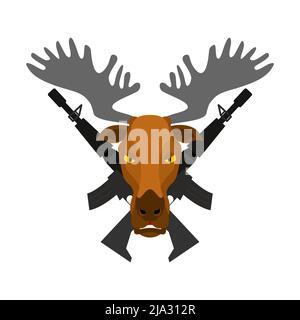 Elche und Waffen. Hunter-Schild. Hirschschnauze und Waffen. Hunter-Logo Stock Vektor