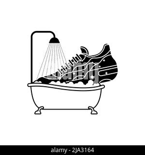 „Shoe Clean“-Logo. Schild für den Schuhabwasch. Schuh im Bad Stock Vektor