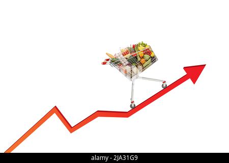 Einkaufswagen mit Lebensmitteln auf einem roten Pfeil, der isoliert auf weißem Hintergrund aufsteigt Stockfoto