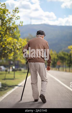 Rückansicht eines älteren Mannes, der mit einem Stock auf einer asphaltierten Fußgängerstraße läuft Stockfoto