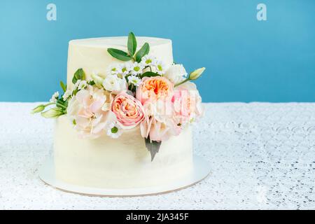 Appetitlich cremig-weißer zweistufiger Hochzeitstorte, dekoriert mit frischen Blumen auf einem Tisch mit einer Spitzentischdecke im Studio auf blauem Hintergrund Stockfoto