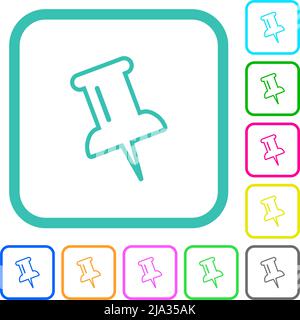 Pushpin umreißt lebendige farbige flache Symbole in geschwungenen Rändern auf weißem Hintergrund Stock Vektor