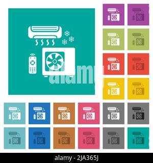 Klimaanlage mehrfarbige flache Symbole auf schlichten quadratischen Hintergründen. Weiße und dunklere Symbolvarianten für schwebe- oder aktive Effekte. Stock Vektor