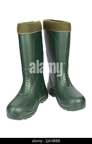 Grüne Gummistiefel mit einem warmen Zeh auf weißem Hintergrund. Herrenschuhe. Stockfoto