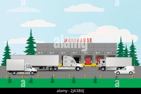 Logistikkomplex im Lager. Fahrzeuge für die Lieferung von Waren mit einer Tragfähigkeit von 20, 10, 3, 0,5 Tonnen. Flache Vektorgrafik. Stock Vektor