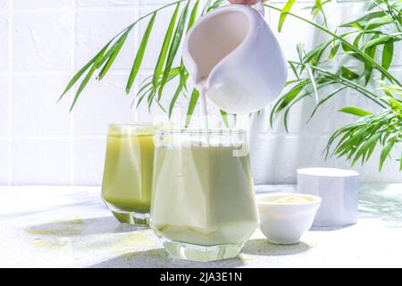 Kaltes Getränk aus grünem Matcha. Iced Matcha Latte Cocktail in zwei Gläsern mit sommerlichen tropischen Palmenblättern auf weißem Hintergrund Kopierfläche Stockfoto