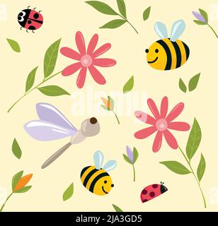 Baby Insekten Blumen nahtlose Muster, niedliches Papier, Cartoon Insekten und Blumen, Stock Vektor