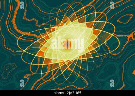 Symbol für Atomenergie. Elektronen bewegen sich auf Umlaufbahnen Atomenergiekonzept. Kernreaktionsmodell Stockfoto