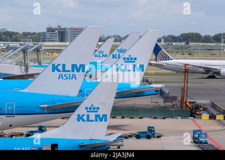 Fünf KLM-Flugzeuge in einer Reihe am Flughafen Schiphol in den Niederlanden 26-5-2022 Stockfoto