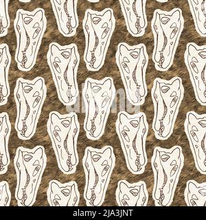 Braun handgezeichnete Spinosaurus fossile Knochen Dinosaurier nahtloses Muster. Geschlechtsspezifische neutrale jurassische Silhouette für die Babykrippe. Home Dekor für Museum Stockfoto