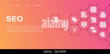 SEO-Landing-Page-Vorlage. Lesezeichen, Hosting, Hyperlink, Werbung, Datentransfer mobile Website Vektor Illustration. Stock Vektor