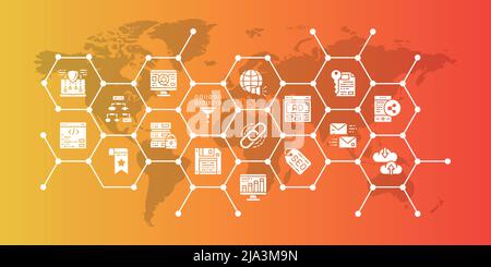 SEO editierbare Symbole Design Illustration. Bookmark, Hosting, Hyperlink, Werbung, Datentransfer Icon Promotion Banner für grafisches Webdesign. Stock Vektor