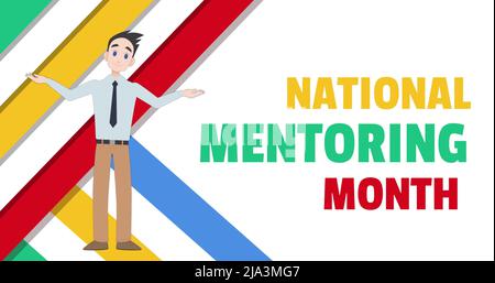 Bild eines Mannes, der über bunte Linien spricht und Text des nationalen Mentoring-Monats Stockfoto