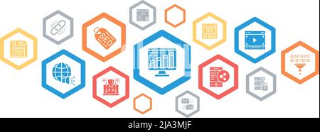 SEO-Farbsymbol-Banner-Design. Lesezeichen, Hosting, Hyperlink, Werbung, flache Vektorgrafik für den Datentransfer. Stock Vektor