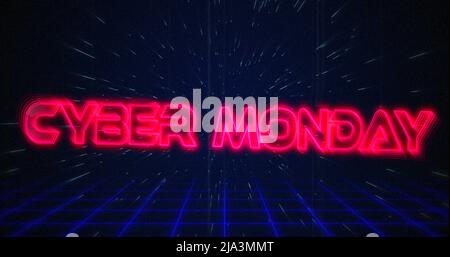 Retro Cyber Monday Text glitching over blue and Red Triangles 4K Stockfoto