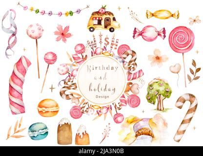 Sweet Earth Aquarell-Illustration isoliert auf weißem Hintergrund. Köstliches Schloss, Eismaschine, Karamellbaum, Süßigkeiten und Desserts. Süßer Traum. Stockfoto