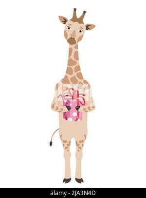 Giraffe hält Geschenk. Tier im Cartoon-Stil. Stock Vektor