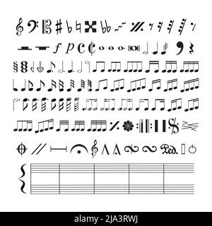 Vektor-Iilustration aller Musiknoten und Symbole isoliert auf weißem Hintergrund. . Vektorgrafik Stock Vektor