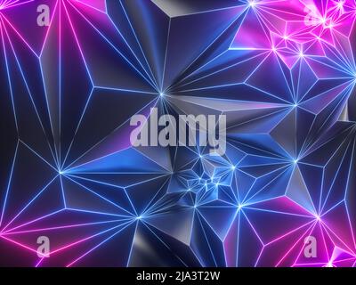 3D Render, rosa blauer Neon kristallisierter Hintergrund, polygonales Netz, leuchtendes Licht, facettierte Textur, moderne Mode-Tapete Stockfoto