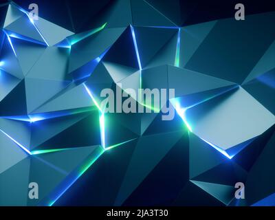 3D Render, abstrakt facettierter Kristallhintergrund, metallische Textur, grün blaues Neonlicht, leuchtende Laserlinien, Dreiecke,