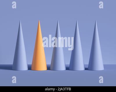 3D Render, Reihe von Zapfen isoliert auf violettem Hintergrund. Abstrakte primitive geometrische Formen. Gelber Kegel. Hervorragende Idee, ein einzigartiges Konzept. Stockfoto