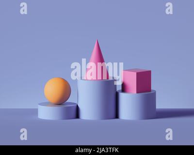 3D Render, abstrakter geometrischer Hintergrund. Gelbe Kugel, rosa Kegel, rosa Würfel auf violetten Zylinder Podest Stufen platziert. Isolierte Objekte, Spielzeug, Stockfoto