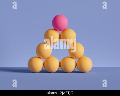 3D Render, Pyramide aus gelben Kugeln isoliert auf violettem Hintergrund. Billard-Spiel. Primitive geometrische Formen. Einzigartig. Karriere, Hierarchie, Stockfoto