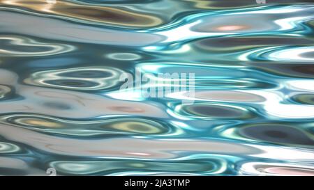 3D Render, abstrakte, flüssige metallische Textur, irisierende holografische Folie, klarer, blau gewellter Hintergrund. Modernes, trendiges Design Stockfoto