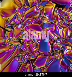 3D Render, abstrakt schillernder violett-blaugoldener Textilhintergrund, glänzendes Metallic-Gewebe, zerknitterte Goldfolie, gefaltete Vorhänge, Tuch. Stockfoto